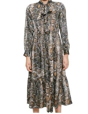 Zara Brown Snakeskin Animal Print Long Sleeve Button Front Tie Neck Midi Dress L